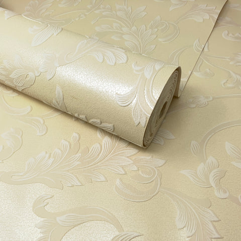 Beige, Cream, White and Champagne Textured Floral Feature Wallpaper