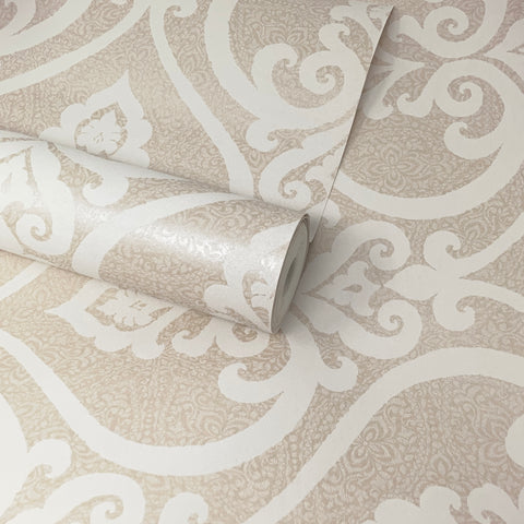 Beige, Cream & Champagne Textured Damask Feature Wallpaper DL22800