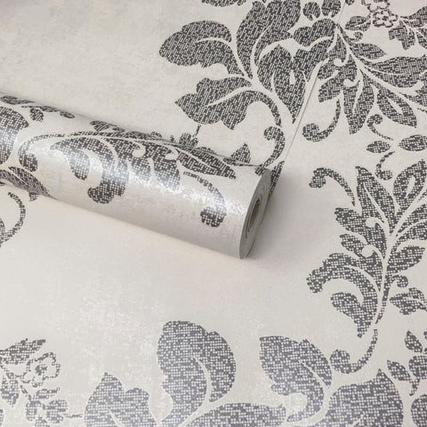 Cream, Champagne & Pewter Silver Floral Damask Feature Wallpaper