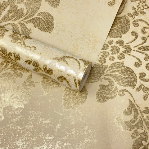 Paste The Wall - Cream, Beige & Gold Textured Floral Damask Wallpaper - DL22823