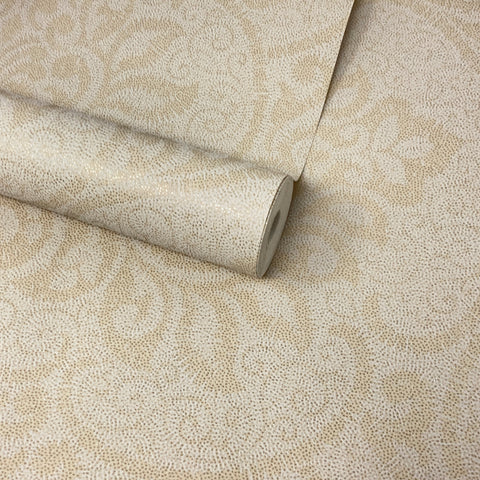 Paste The Wall - Ivory, Cream & Gold Glitter Textured Damask Wallpaper - DL22838