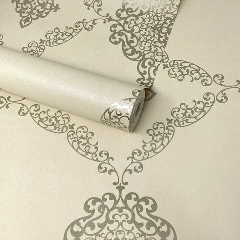 Paste The Wall -  Ivory, Cream and Gold Metallic Moroccan Medallion Wallpaper