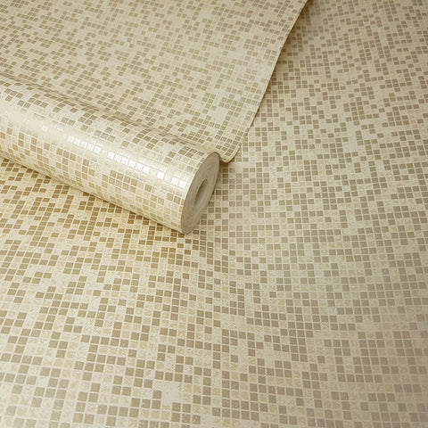 Cream, Natural, Gold Mica Metallic Mosaic Squares Feature Wallpaper