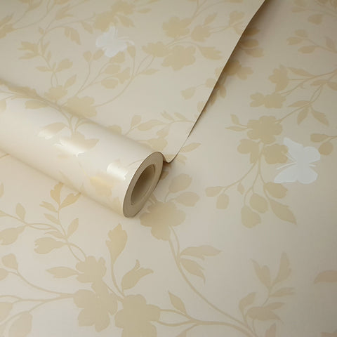 Cream and Gold Metallic Floral Butterfly Trail Feature Wallpaper