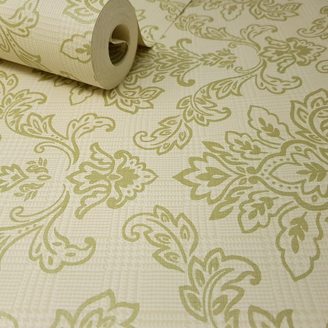 Natural Cream Beige and Sage Green Floral Damask Feature Wallpaper