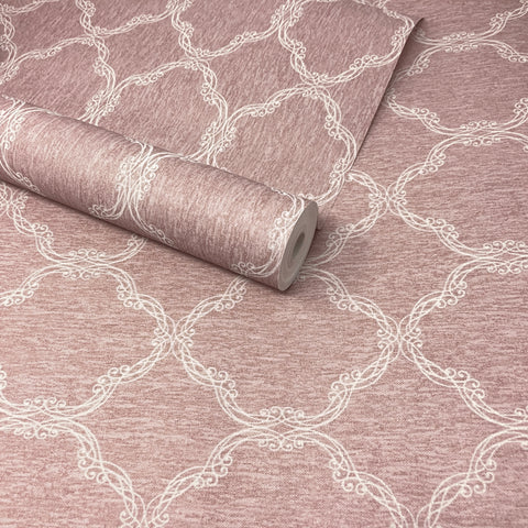 Mauve Purple, Pink & White Vintage Filigree Trellis Feature Wallpaper - FD21007