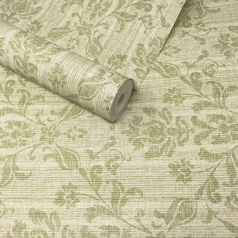 Sage Green Tonal Stripes Floral Damask Feature Wallpaper - FD21024