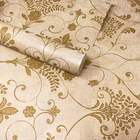 Beige & Gold Textured Floral Leaf Trail Feature Wallpaper - FD21036