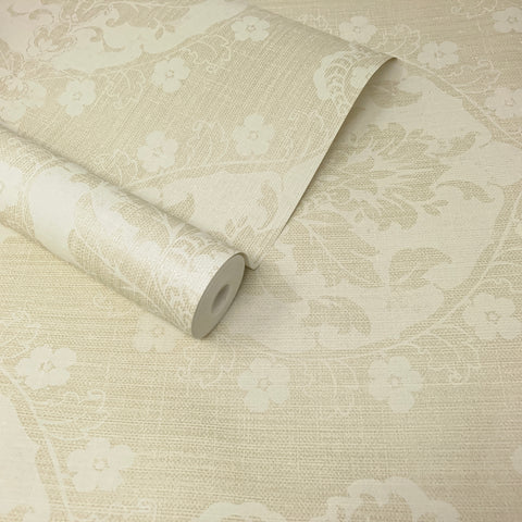 Wheat, Natural, Cream, Beige Medallion Damask Wallpaper - FD21056