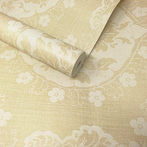 Paste The Wall - Natural, Linen & Cream Floral Damask Feature Wallpaper FD21057