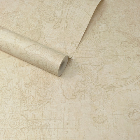 Vintage Natural and Beige Cartography World Map Wallpaper - FD21238