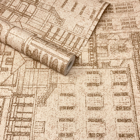 Paste The Wall - Light Brown Architectural Town Street Scene Wallpaper - FD21255