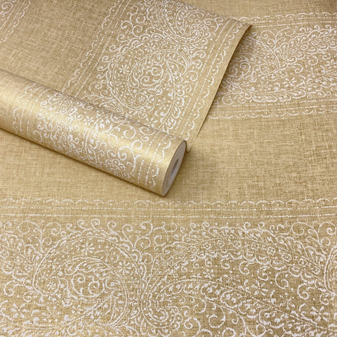 Paste The Wall - Gold and Off-White Floral Paisley Stripe Wallpaper - FD21328