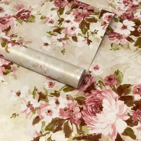 Cream, Ivory, Pink & Green Classic Rose Flowers Wallpaper - FD21600