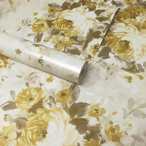 Pearlescent Beige & Yellow Classic Floral Flowers Feature Wallpaper