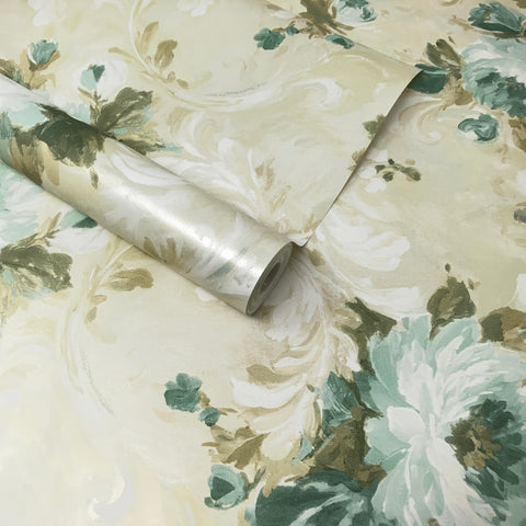 Paste The Wall - Cream, Blue and Gold Shimmer Flowers Scroll Wallpaper - FD21606