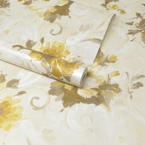 Pearlescent Ivory, Grey and Yellow Floral Scroll Feature Wallpaper - FD21607