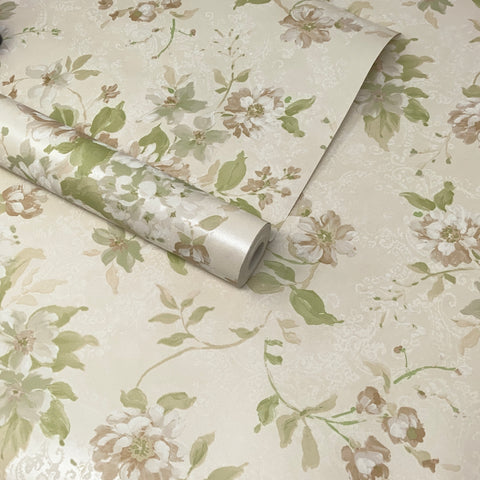 Paste The Wall - Classic Pearlescent Cream, Beige & Green Rose Flowers Wallpaper