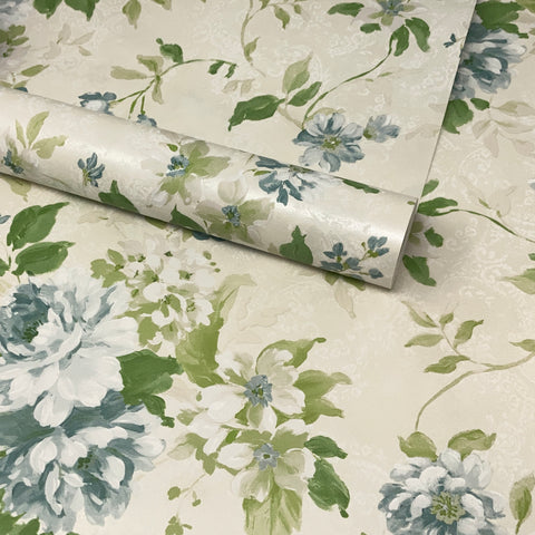 Paste The Wall - Modern Cream, Ivory, Blue and Green Textured Flowers Wallpaper