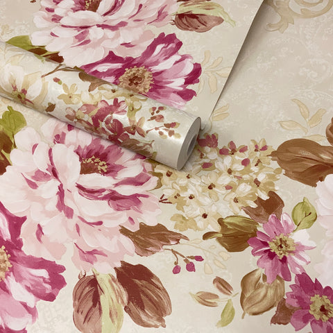 Paste The Wall - Pearlescent Ivory and Pink Floral Scroll Wallpaper - FD21618