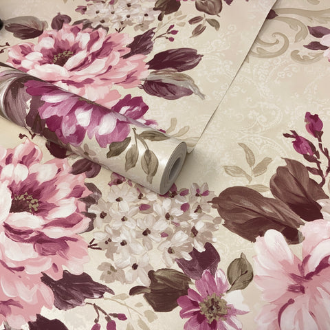 Paste The Wall - Pearlescent Cream, Ivory and Pink Flowers Wallpaper - FD21619