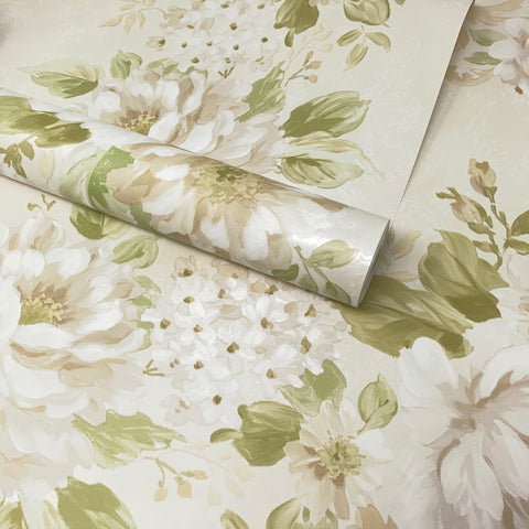 Beige, Green and Pearlescent Cream Shimmer Floral Trail Wallpaper