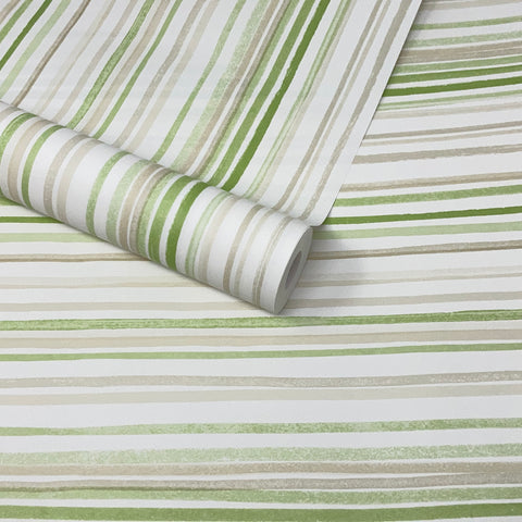 Paste The Wall - White, Cream, Green and Beige Watercolour Stripes Wallpaper