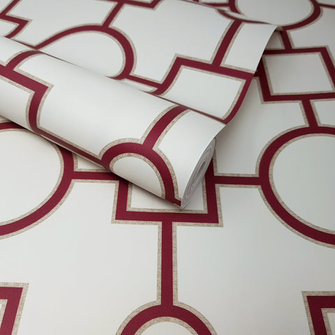 Off White and Burgundy Red Geometric Squares Circles Trellis Feature Wallpaper