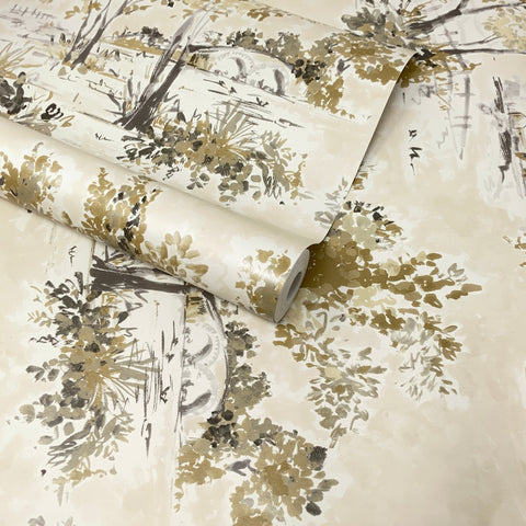 Paste The Wall - Cream, Silver and Gold Toile Woodland Trees Wallpaper - FD22053