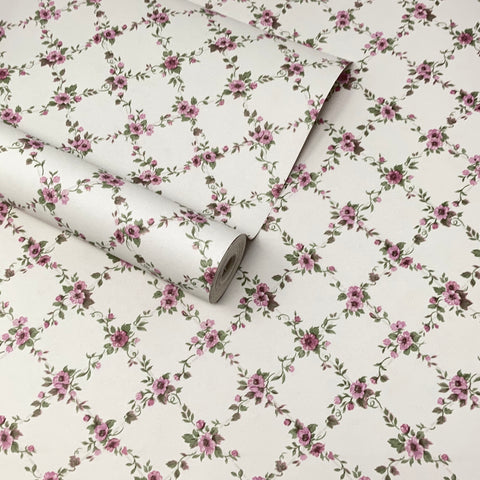 White, Pink & Green Floral Flower Trellis Vinyl Wallpaper - FD22105