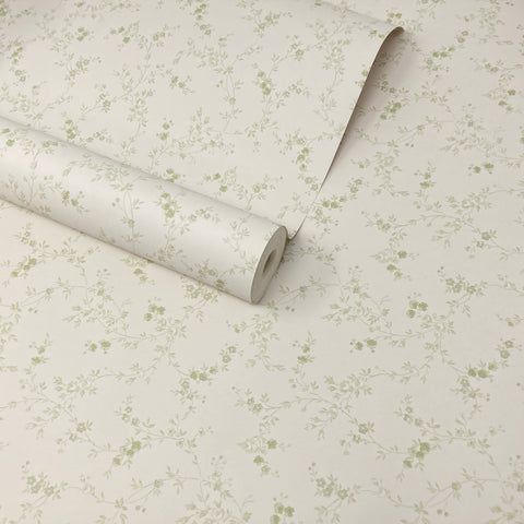 Traditional Off-White & Green Floral Trail Vinyl Wallpaper FD22121