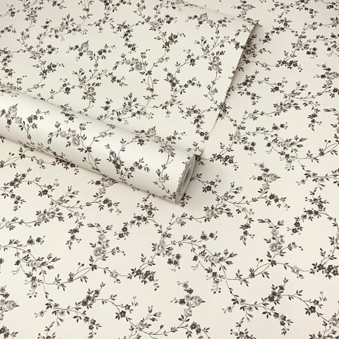 Off-White Black and Grey Monochrome Floral Flowers Trail Wallpaper