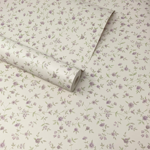 Classic Ivory White, Purple and Green Flower Trail Vinyl Wallpaper