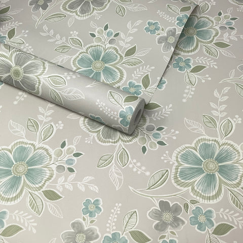 Paste The Wall - Luxury Grey, White & Blue Scandi Flowers Wallpaper - FD22201