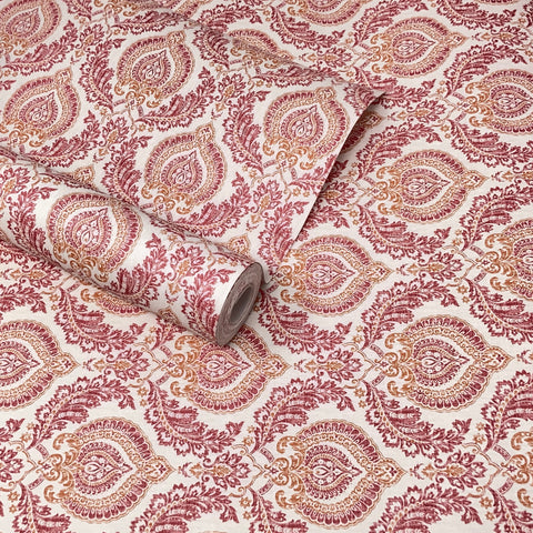 Paste The Wall - Modern Natural, Orange & Red Floral Damask Wallpaper - FD22230