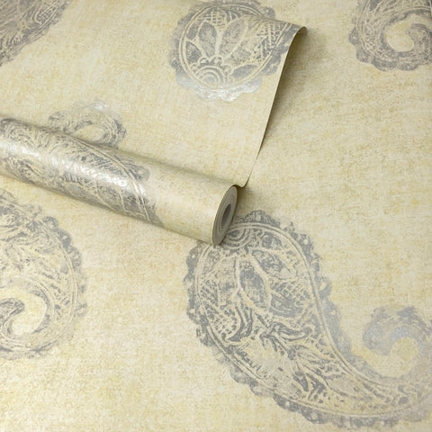 Paste The Wall - Natural, Cream and Silver Floral Paisley Wallpaper - FD22414