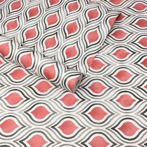 Paste The Wall - White, Coral and Grey Geometric Ogee Wave Wallpaper - FD22702