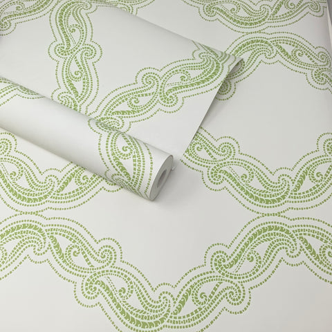 Paste The Wall - Modern White and Green Geometric Ogee Trail Wallpaper - FD22725