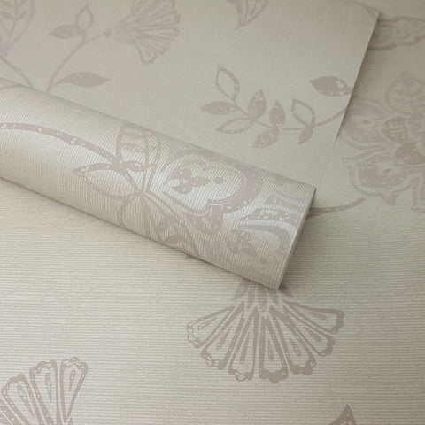 Grey & Light Mauve Striped Floral Feature Wallpaper - FD58450