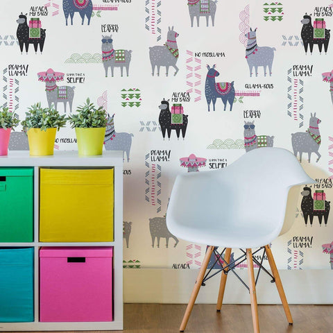 White Multicolour Glitter Llamas Kids Animals Feature Bedroom Wallpaper - M1378