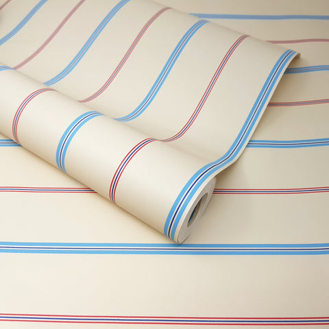 Children's Kids Bedroom Cream, Red & Blue Pinstripe Stripe Wallpaper - SZ002162