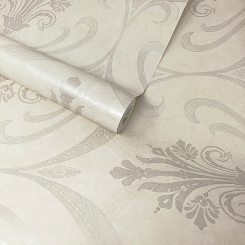 Cream,  Beige & Metallic Silver Regal Damask Wallpaper - SZ002406