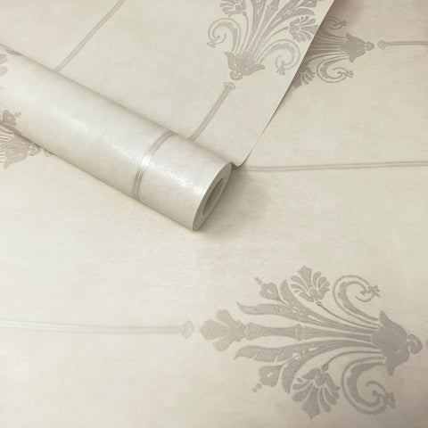 Cream, Beige and Metallic Silver Regal Damask Wallpaper - SZ002412